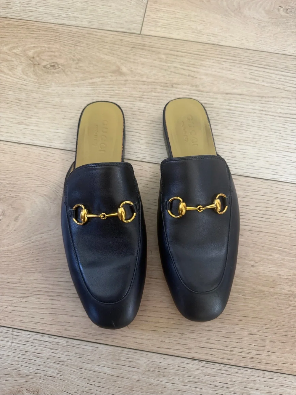 Gucci Princetown Loafer - Black Leather Slip-On Mules with Gold Horsebit